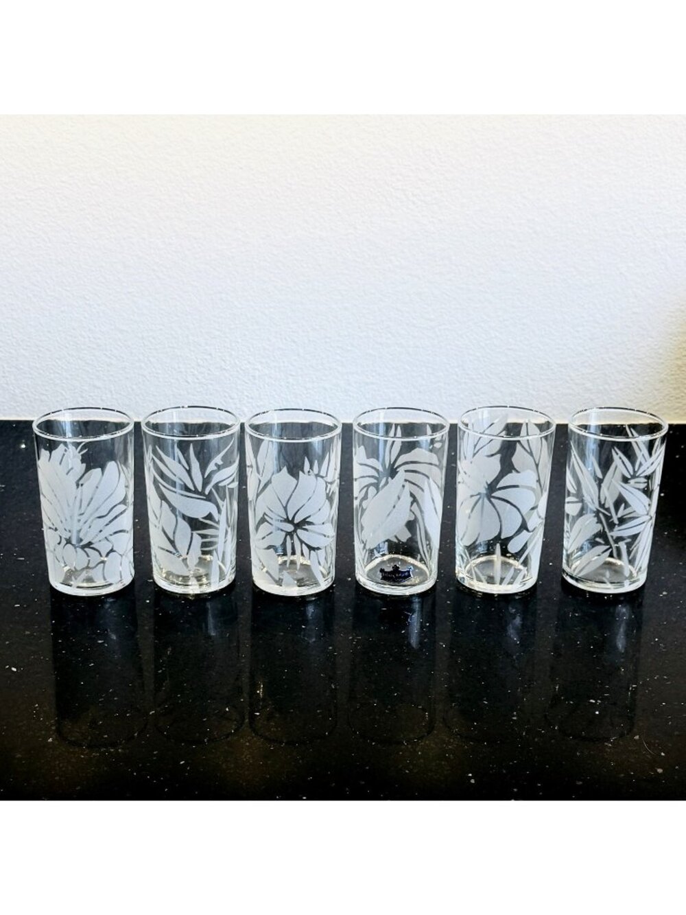 Frank Oda Set of 6 Etched Hawaii Drinking Glasses Hibiscus Anthurium Flowers 7"
